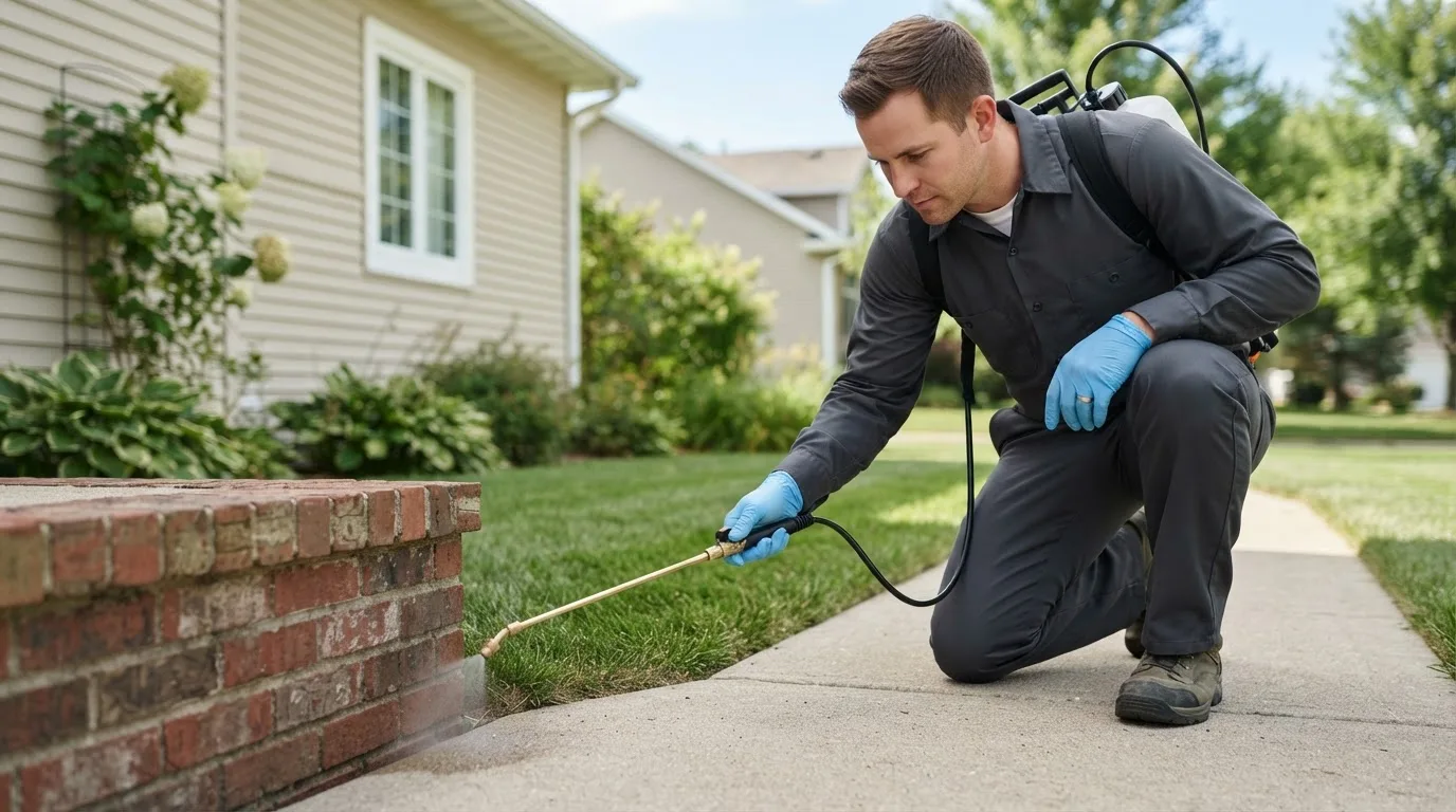 Pest control technician treating a home near Alliance, OH