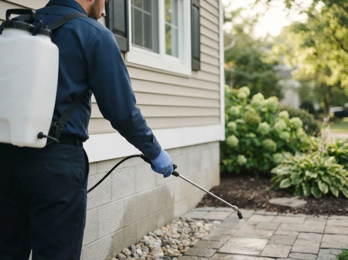 Pest control technician inspecting a home in Alliance, OH